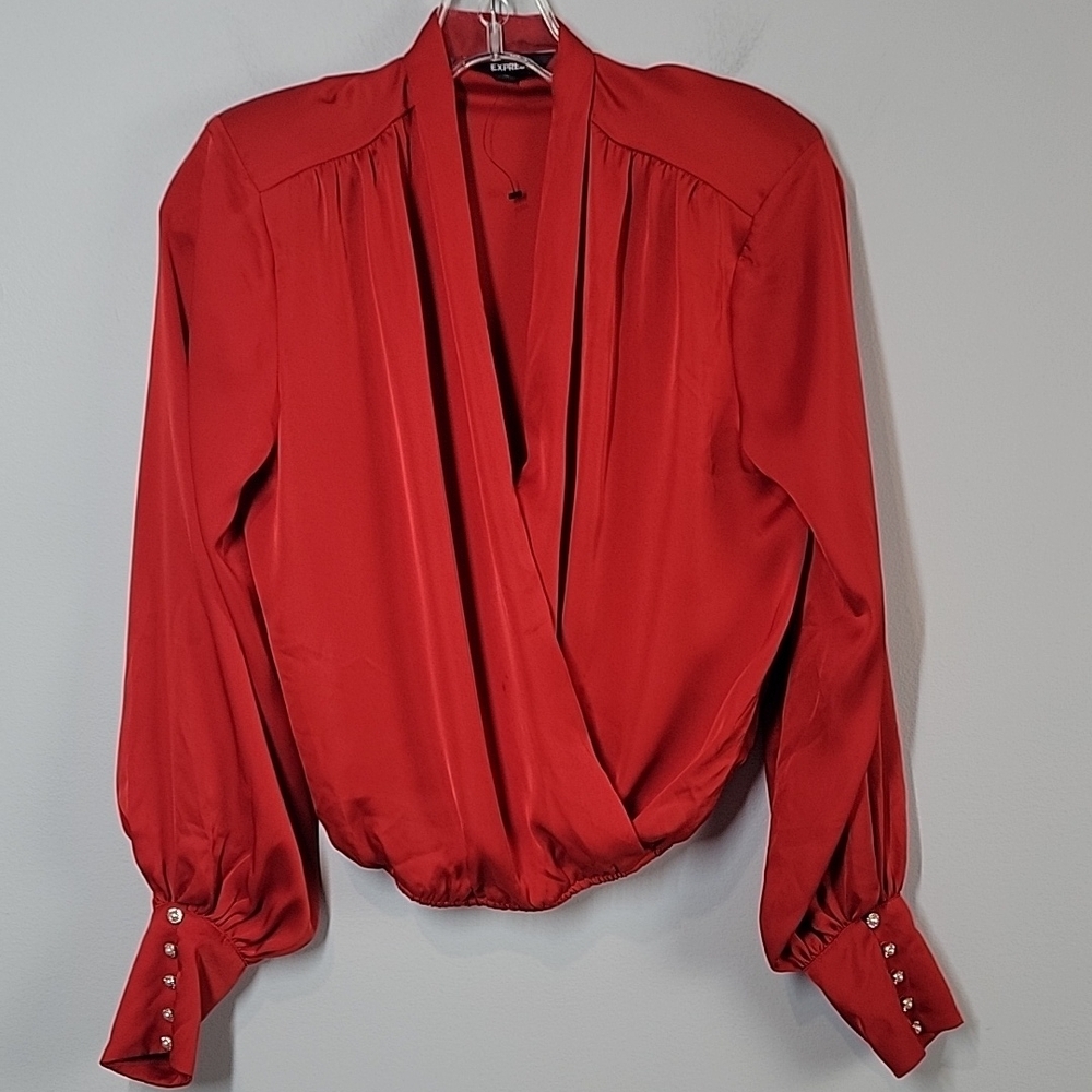 Express red satin rhinestone button blouse size XS